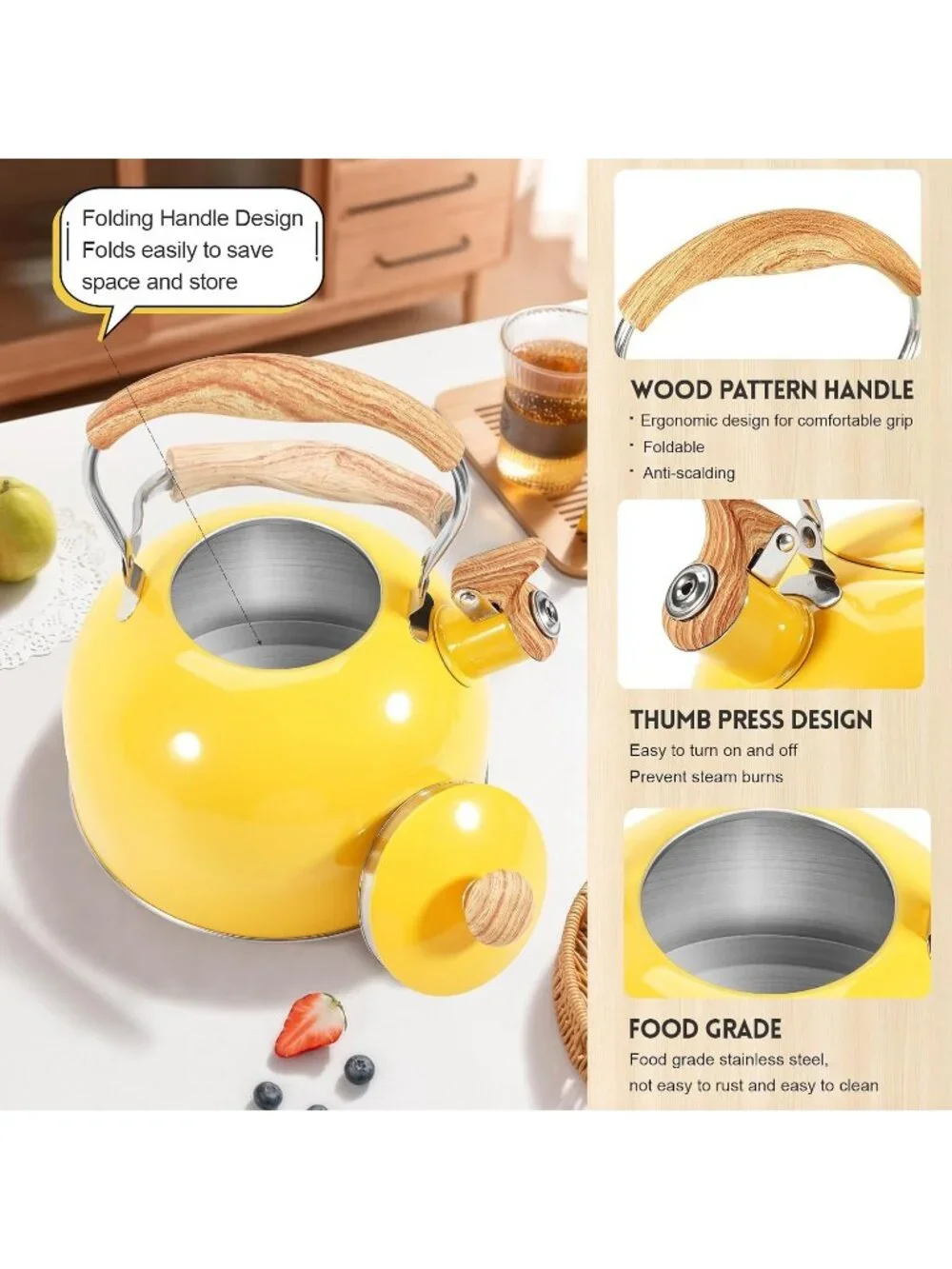 GGC Yellow Stainless Steel Kettles 2.6QT Whistling Stove Top Folding Wood Handle